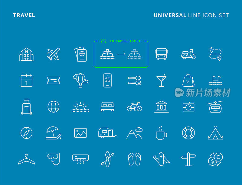 旅行概念通用线图标集与可编辑的描边。图标适用于网页，移动应用程序，UI, UX和GUI设计。